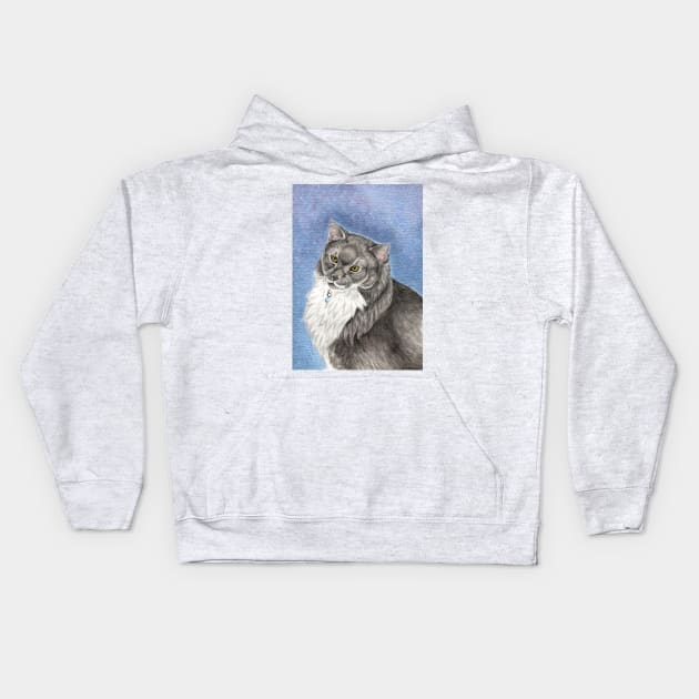 Grey and White Cat Kids Hoodie by WolfySilver